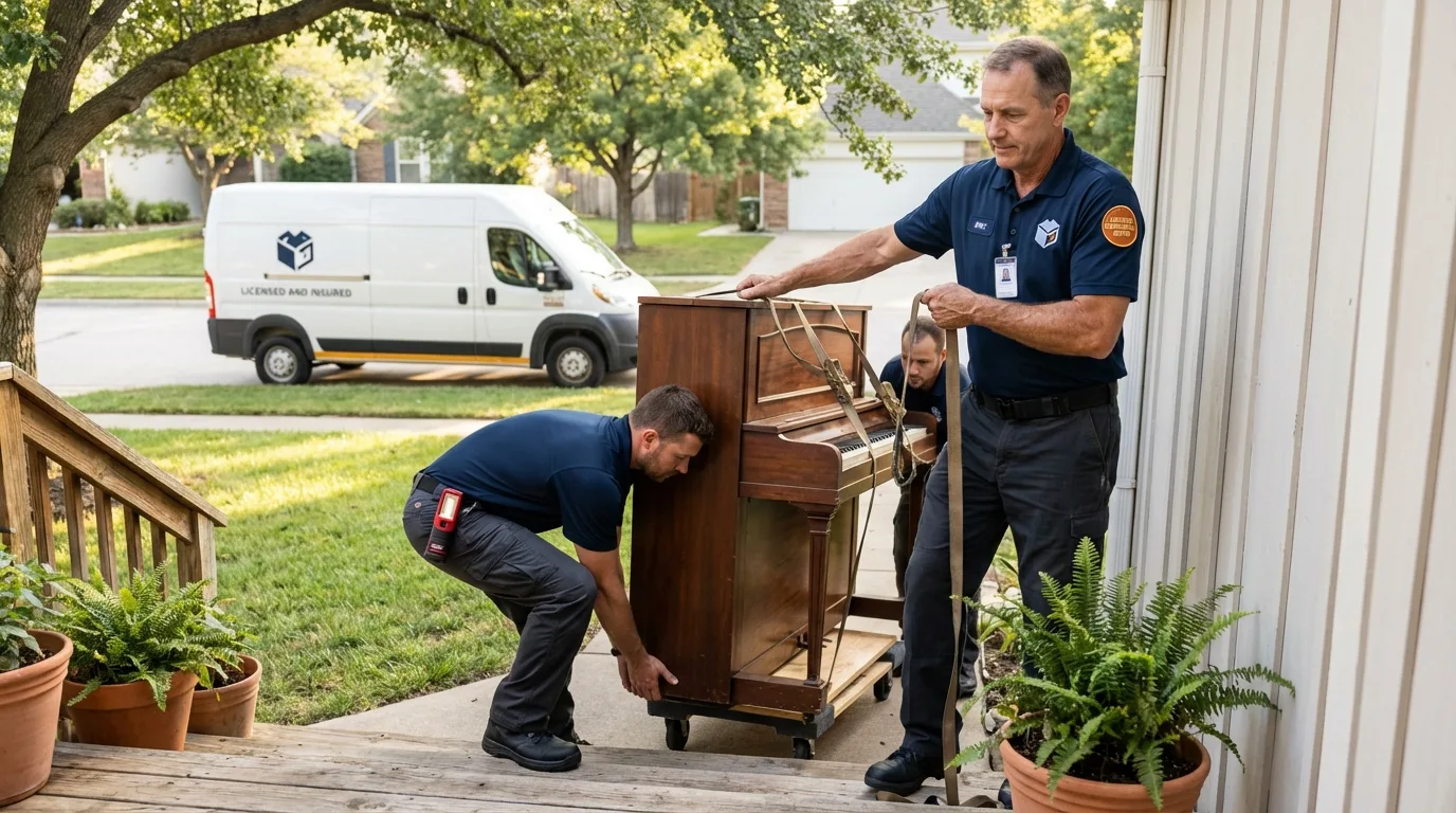 Licensed piano movers securing grand piano in Stockton, CA