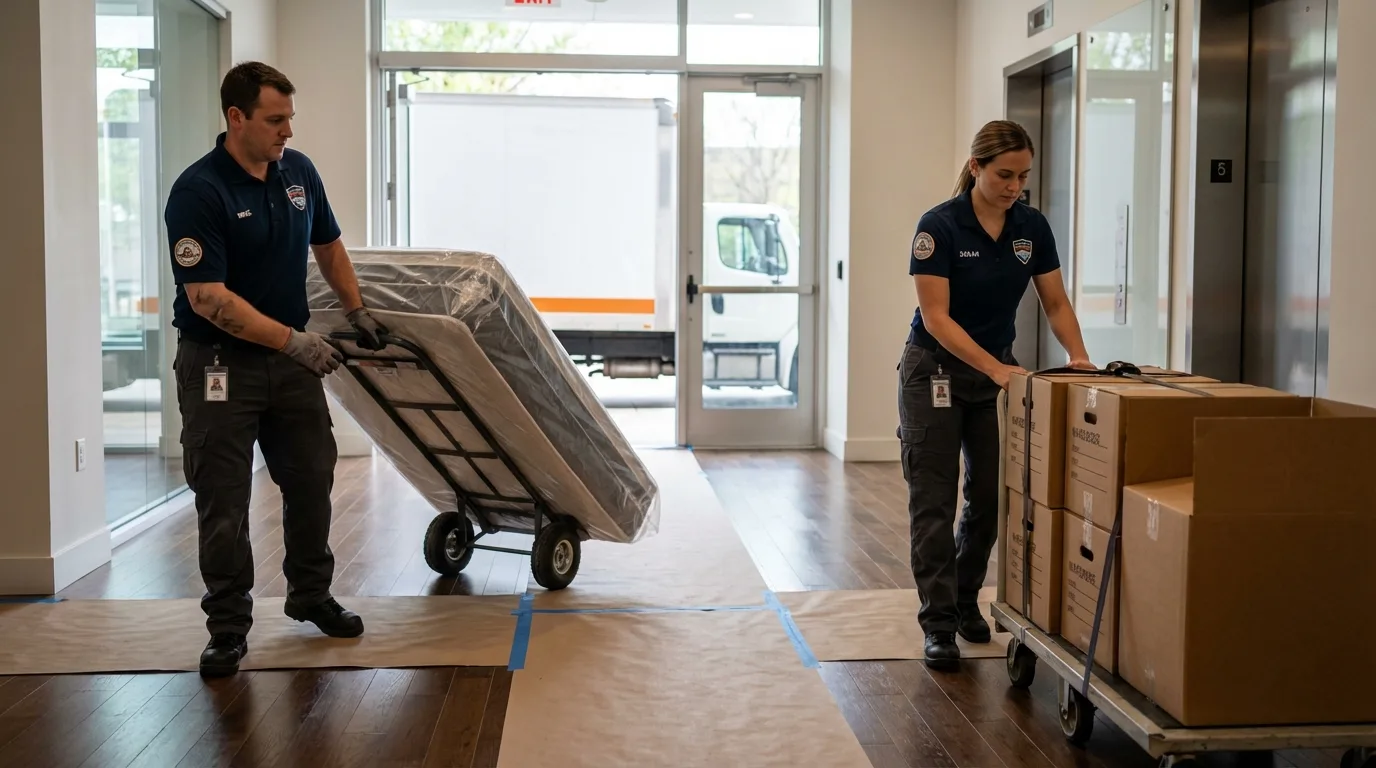 Professional apartment movers loading elevator in Stockton, CA
